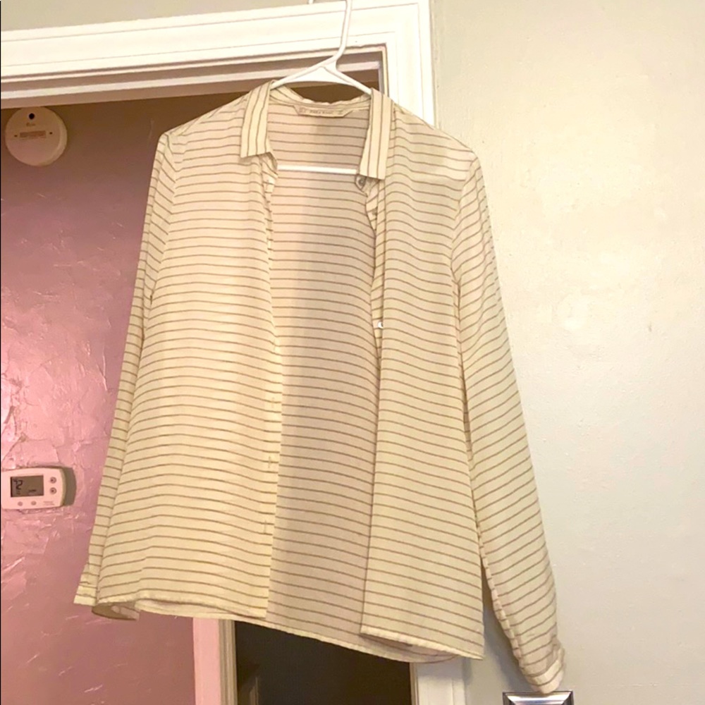 ZARA WOMENS WHITE BLOUSE WITH CREAM STRIPES size M